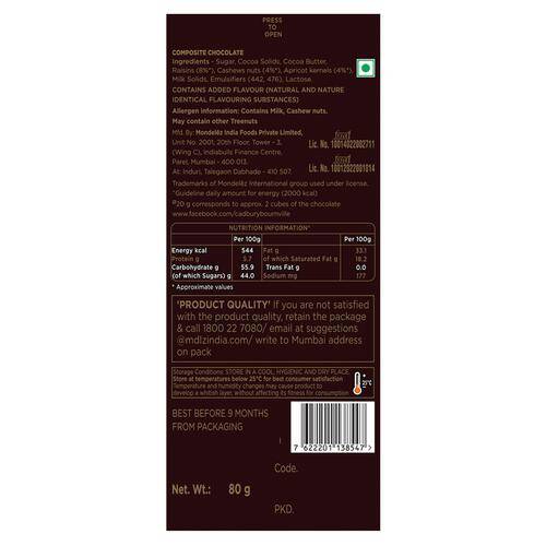 Cadbury Bournville Raisin & Nuts Dark Chocolate Bar, 80 g