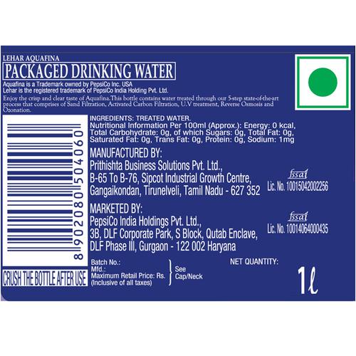 Aquafina Packaged Drinking Water, (Pack of 12) 1 L Bottle