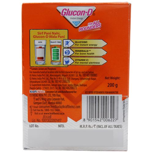 Glucon-D Glucose Based Beverage Mix - Orange, 200 g Carton