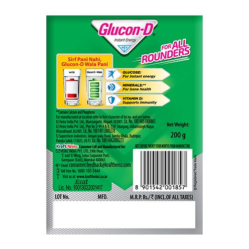 Glucon-D Beverage Mix - Glucose Based, 200 g Pouch