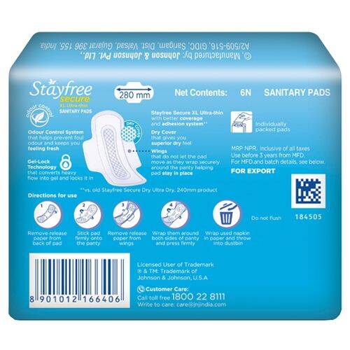STAYFREE Sanitary Pads - Secure Xl Ultra-Thin, with Wings, 6 pads