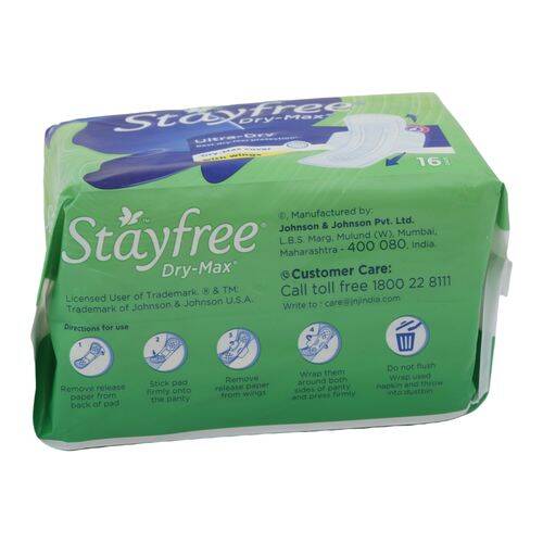 STAYFREE Sanitary Pads - Dry-Max Ultra-Dry, with Wings, 16 Pads