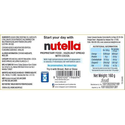 Nutella Hazelnut Spread With Cocoa, 160 g Jar