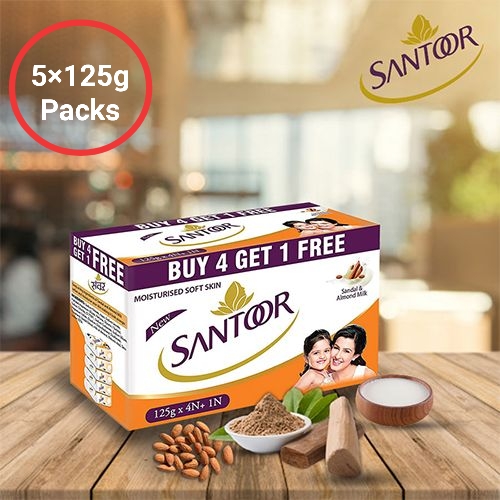 Santoor Sandal & Almond Milk Soap, 125 g (Buy 4 Get 1 Free)