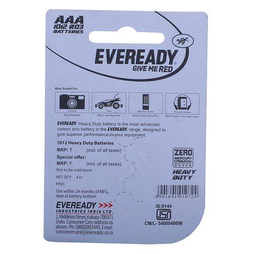 Eveready Carbon Zinc Battery Red AAA 1012, 4 