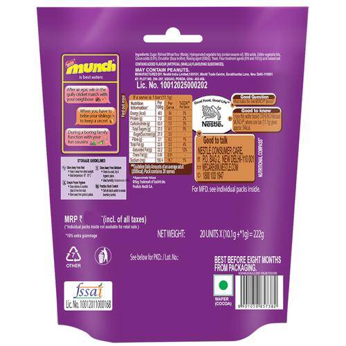 Nestle Munch Nuts - Chocolate Coated Crunchy Wafer, Share Pack, 222 g (20 Bars X 11.1 g each)
