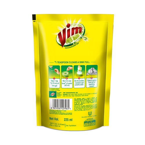 Vim Dishwash Gel - Lemon, 225 ml