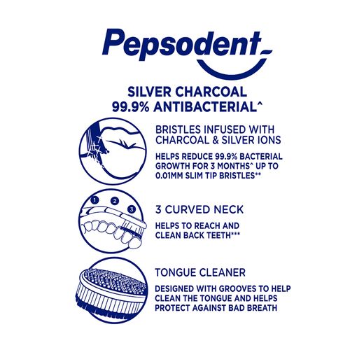 Pepsodent Silver Charcoal Anti Bacterial Tooth Brush - Soft, 2 pcs Buy 2 Get 1 Free