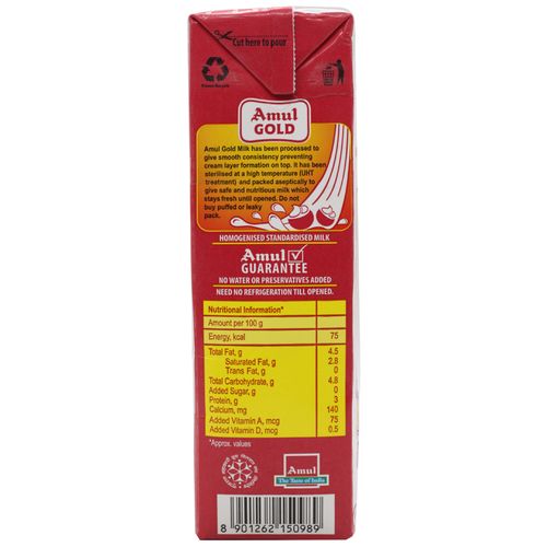Amul Gold Homogenised Standardised Milk, 1 L Carton