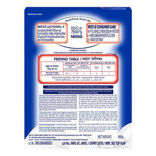 Nestle Lactogen 4 Follow-Up Infant Formula Powder, After 18 Months Upto 24 Months, Stage 4, 400 g