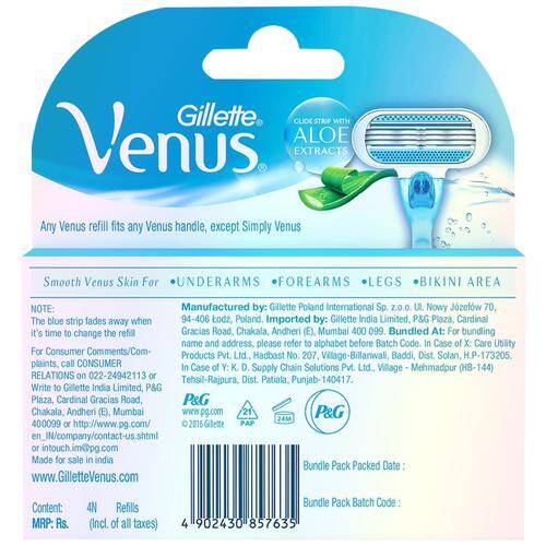 Gillette Venus Aloe Vera Razor Blades For Women, 4 pcs