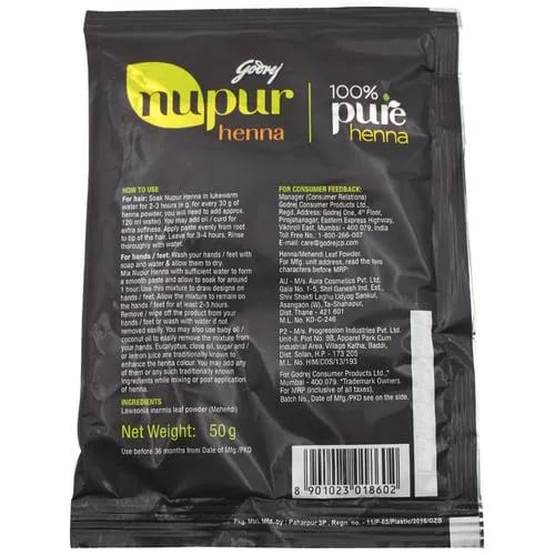 Godrej Nupur Hair Colour Solution - 100% Pure Henna Mehendi, Natural Conditioning & Anti-Dandruff, 50 g