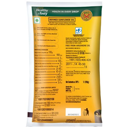 Emami Healthy & Tasty - Refined Sunflower Oil, 1 L Pouch