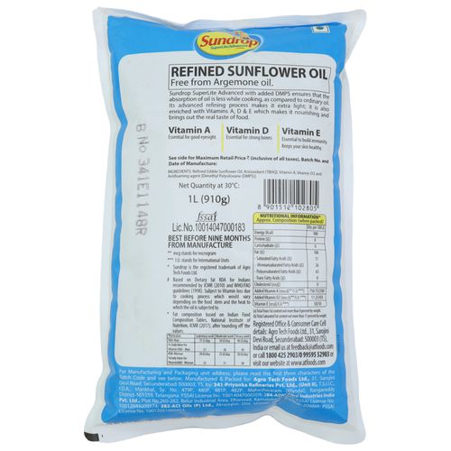 Sundrop Super Lite Advanced - Sunflower Oil, 1 L Pouch