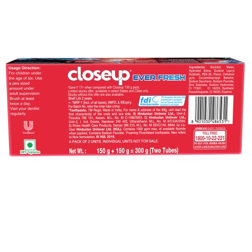 Close Up Ever Fresh Red Hot Gel Toothpaste Value Saver, 150 g Pack of 2